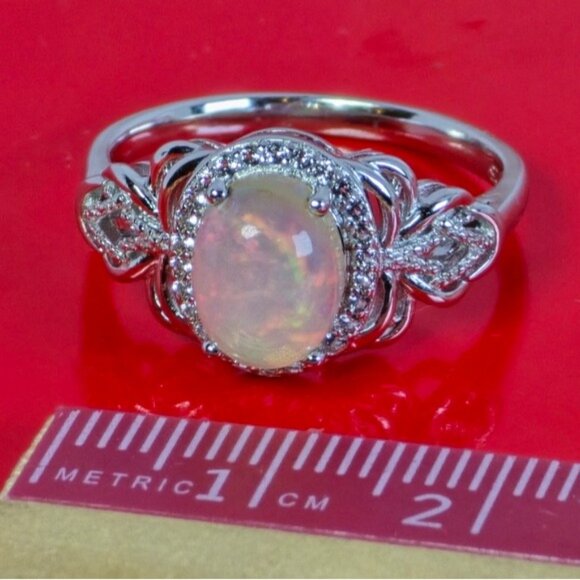 925 Sterling Silver Ring Sz 7.5 with Natural Fire Opal 9x7mm & White Topaz Gems. - Picture 6 of 6